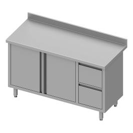Table de travail inox fermée - Portes battantes - 2 Tiroirs à droite - Bord surélevé 10 CM - G-Line