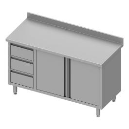 Table de travail inox fermée - Portes battantes - 3 tiroirs à gauche - Bord relevé 10 CM - G-Line