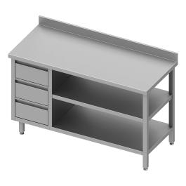 Table de travail en inox - Double étagère inférieure - Rebord relevé 10 cm - 3 tiroirs à gauche - G-Line