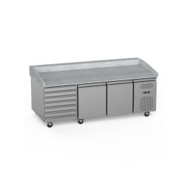 Etabli à pizza - 2 portes - 7 tiroirs - 580 L - inox - 230V - H 95 x L 202,5 x P 80 CM - G-Line