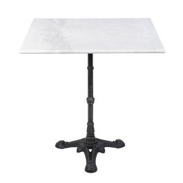 Table carrée à 3 pieds en marbre blanc et fonte, dimensions : H 72 x L 60 x P 60 cm, collection G-Line.