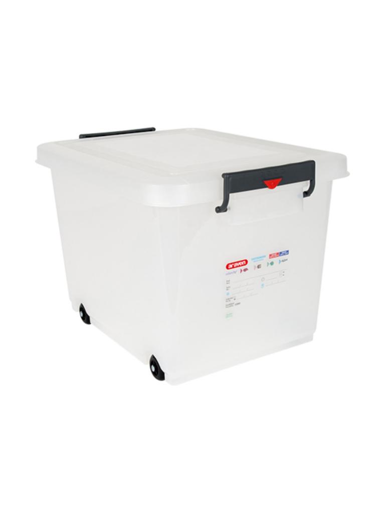 Conteneur alimentaire - H 37,8 x 39,6 x 53 CM - 3 088 KG - Polyéthylène - Transparent - 60 Litres - -40°C / +90°C - Fermeture Clip - Araven - 962207