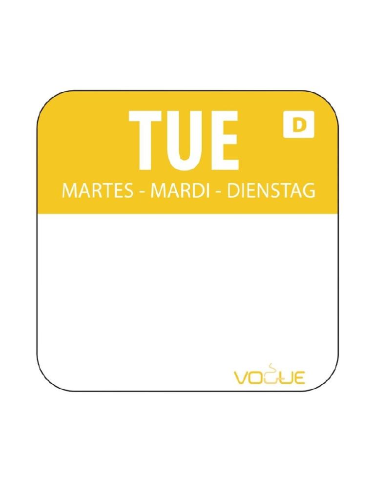 Etiquettes jour - Dissolvable - Mardi - 1000 pièces - 2.54 CM - Vogue - U778