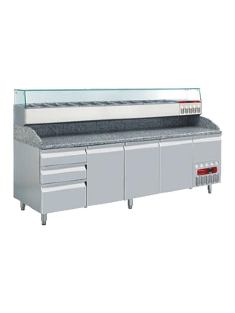 Etabli à pizza - 3 portes - 4 tiroirs - H 147,5 x 249 x 72 CM - 7 x GN 1/4 + 5 x GN 1/6 + 5 x GN 1/9 - Moteur droit - Diamant - TP361/R2_SX249G/PR2