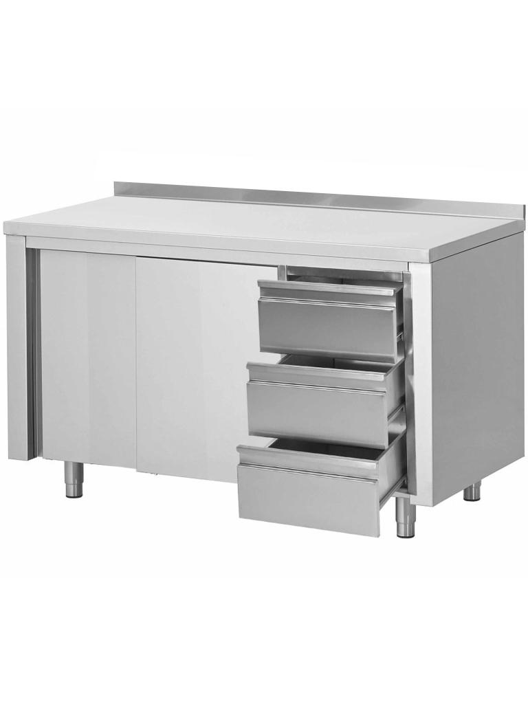 Table de Travail Inox Fermée - Portes Coulissantes - Caisson à Tiroirs Droit - Bloc de Bord Montant 10 CM - G-Line