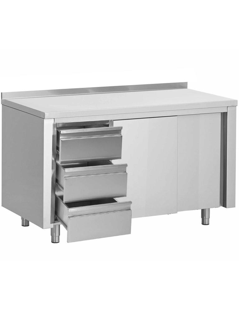 Table de Travail Fermée Inox - Portes Coulissantes - Caisson à Tiroirs Gauche - Rebord Plat 4 CM - G-Line