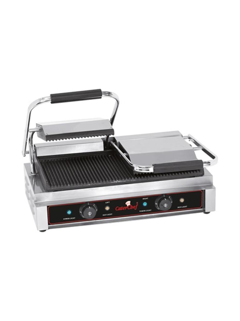 Gril de contact Duettocompact - H 19,3 x 56,6 x 32 CM - 28 KG - 3600 W - Fonte - Nervuré - +50°C / +300°C - Caterchef - 688415