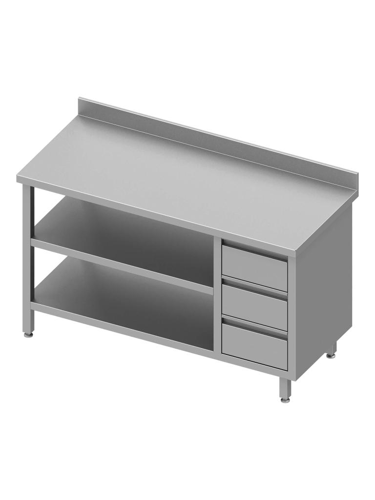 Table de travail en inox - Double étagère inférieure - Rebord relevé 10 cm - 3 tiroirs à droite - G-Line