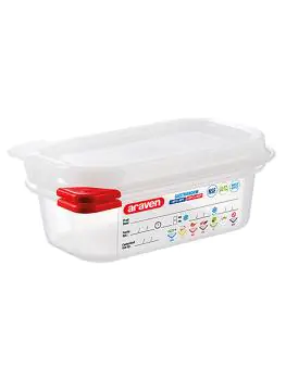 Boîte alimentaire - 1/9 GN - 0,6 Litre - H 6,5 x 17,6 x 10,8 CM - Polypropylène - Transparent - -40°C / +95°C - Hermétique Verrouillable - Araven - 962394
