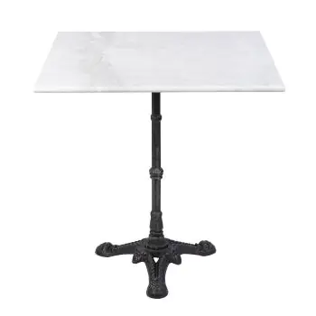 Table carrée à 3 pieds en marbre blanc et fonte, dimensions : H 72 x L 60 x P 60 cm, collection G-Line.