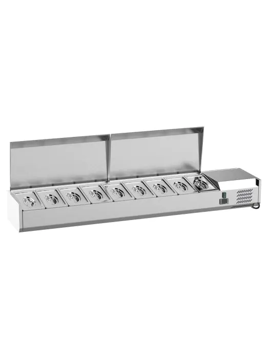 Vitrine réfrigérée - 8 x 1/3 GN - Dessus inox - 230V - L 180 CM - G-Line 26381 €399.00 Vitrine avec couvercle en acier inoxydable